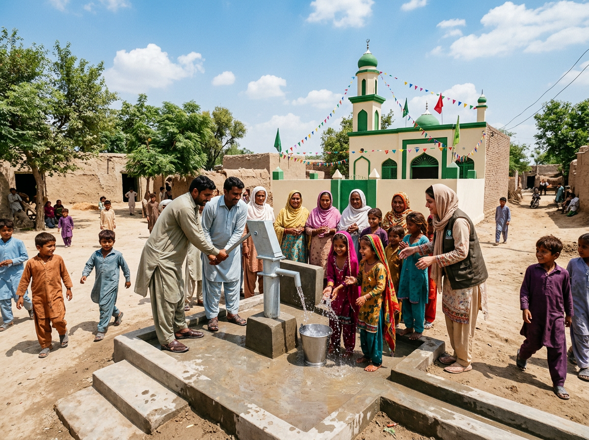Village community at a new water pump