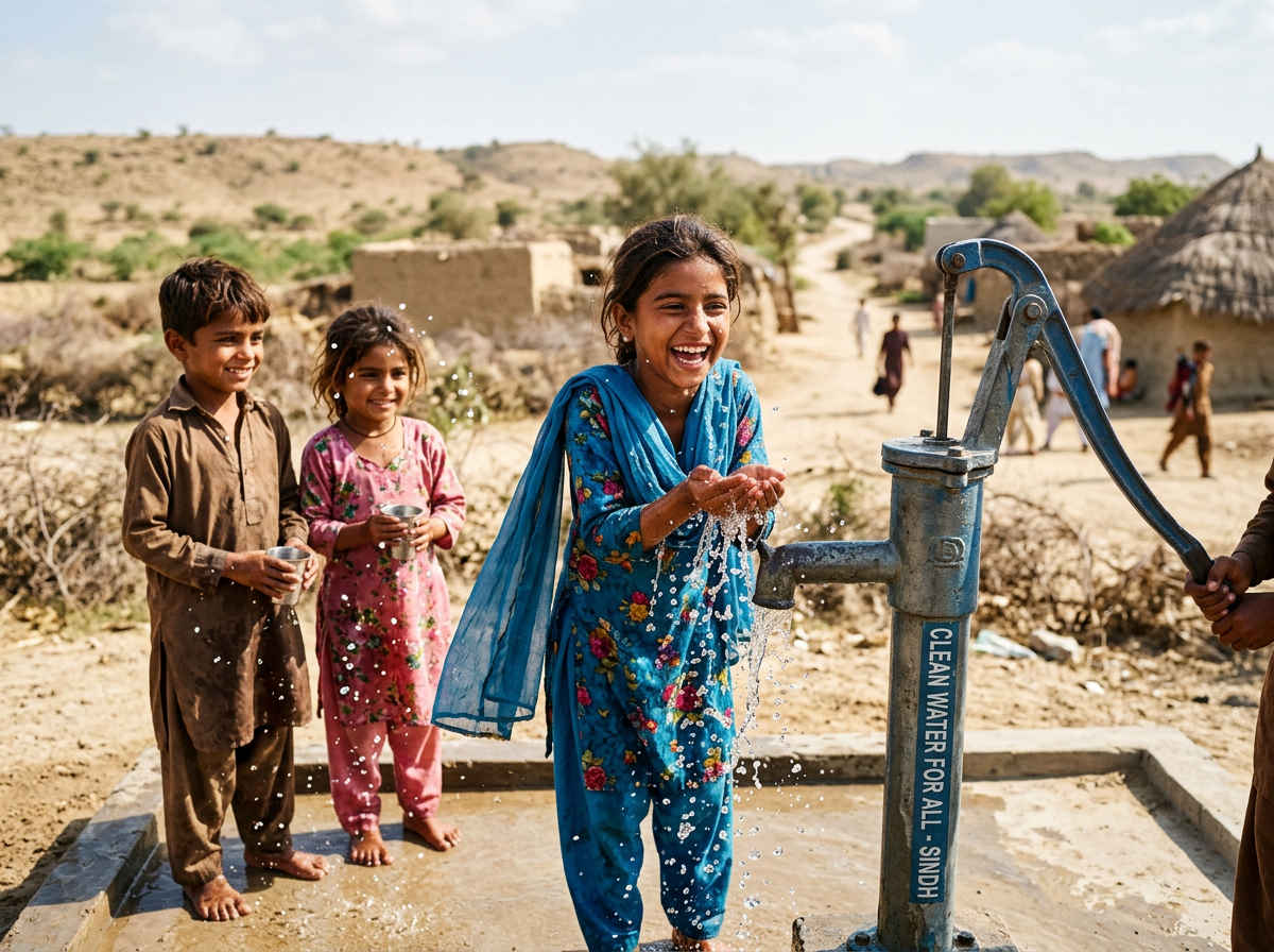 Children drinking from a new water well